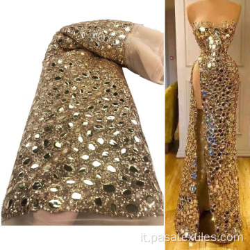 2023 Design in tessuto in pizzo per abiti da sposa africano tessuto in pizzo in oro grande tessuto di paillettes